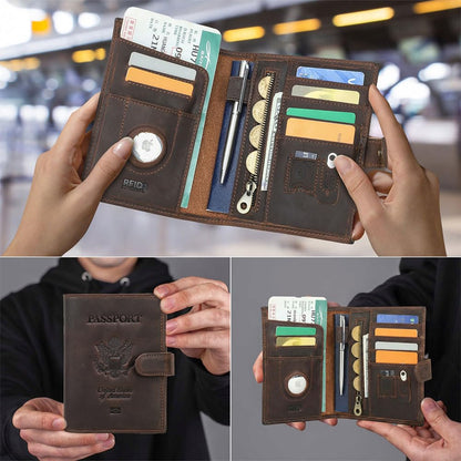 CONTACTS Full Grain Leather Passport Holder Compatible with Airtag RFID Blocking Passport Wallet for Men Travel Passport Cover with SIM Card Removal Tool (Coffee / Badge- Snap)