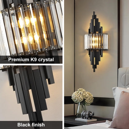 Black Crystal Wall Sconce set of 2 Mid Century Modern Vanity Bathroom Light (Black Rectangle-2P)