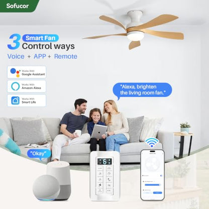 52 Inch Smart Ceiling Fans with Lights and Remote (White+Wood / 52inch Max)