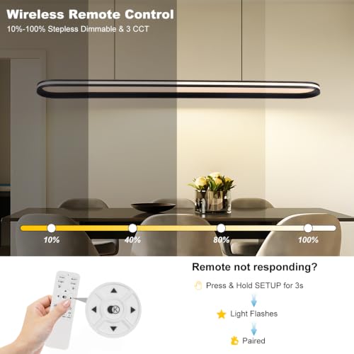Modern LED Pendant Light Dimmable Linear Pendant Light 39.4in Semi Flush Mount Long Lights with Remote Control and Side Lighting for Living Room Kitchen Dining Room