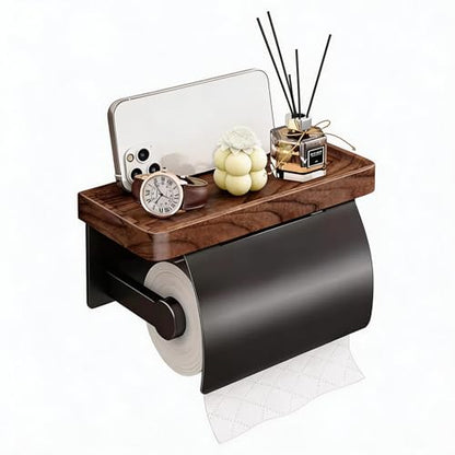 Toilet Paper Holder with Wooden Walnut Shelf