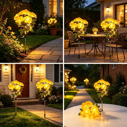 Solar 7 Head Rose Flower Lights Outdoor (Yellow)