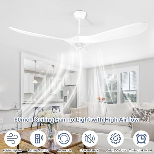 Solid Wood Ceiling Fans no Light (60 inch / White)