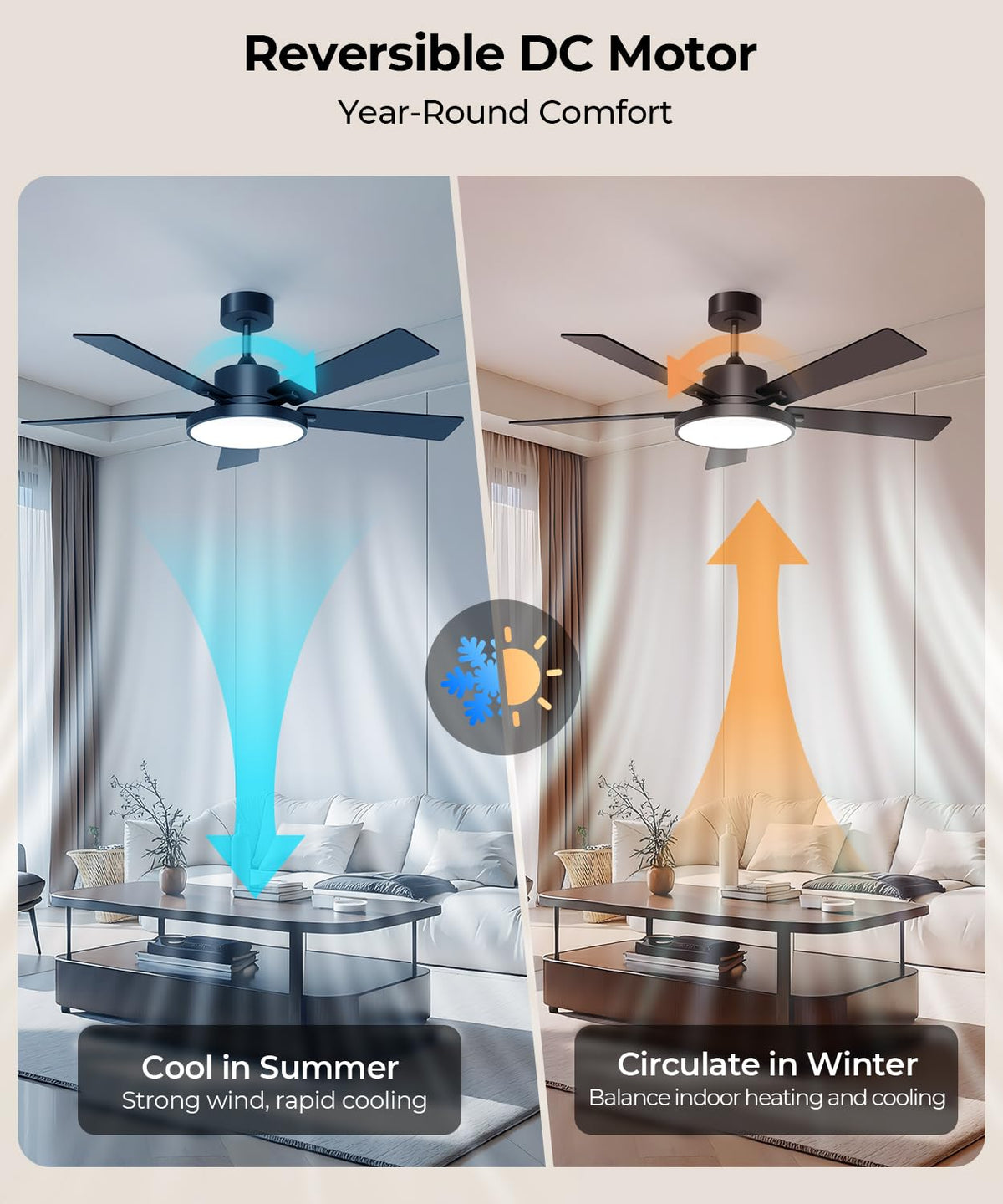 RGBCW Smart 52" 2600LM LED Ceiling Fan Light with Remote (Black +Walnut / 52 Inch)