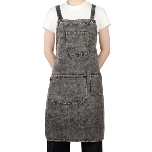 Denim Apron with Pockets and Adjustable Cross Straps for Hair Stylist Salon Nail Tech Barber Women Jean Aprons