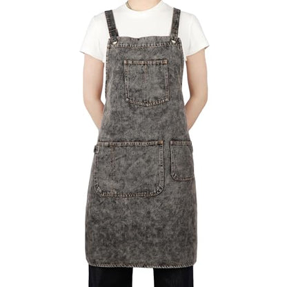 Denim Apron with Pockets and Adjustable Cross Straps for Hair Stylist Salon Nail Tech Barber Women Jean Aprons