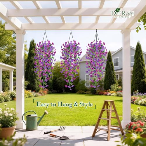 4Pcs Artificial Flowers for Outdoors 29.5'' Faux Hanging Flowers for Outdoor Planters (Lavender / Deep Purple)