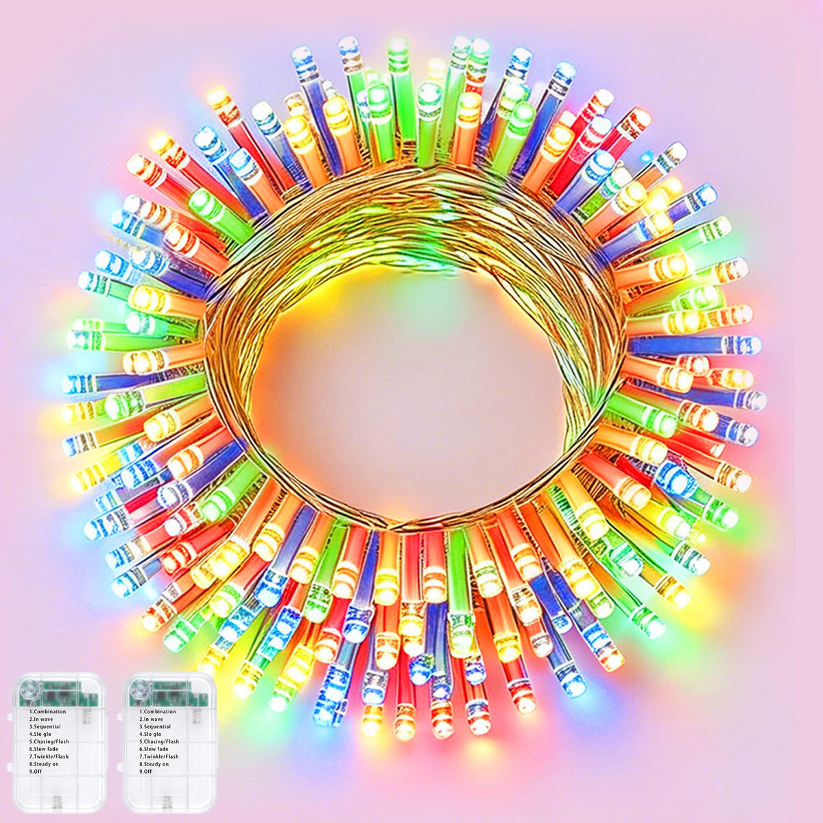 2 Pack String Lights Battery Operated (50 LED x2 / Colorful)