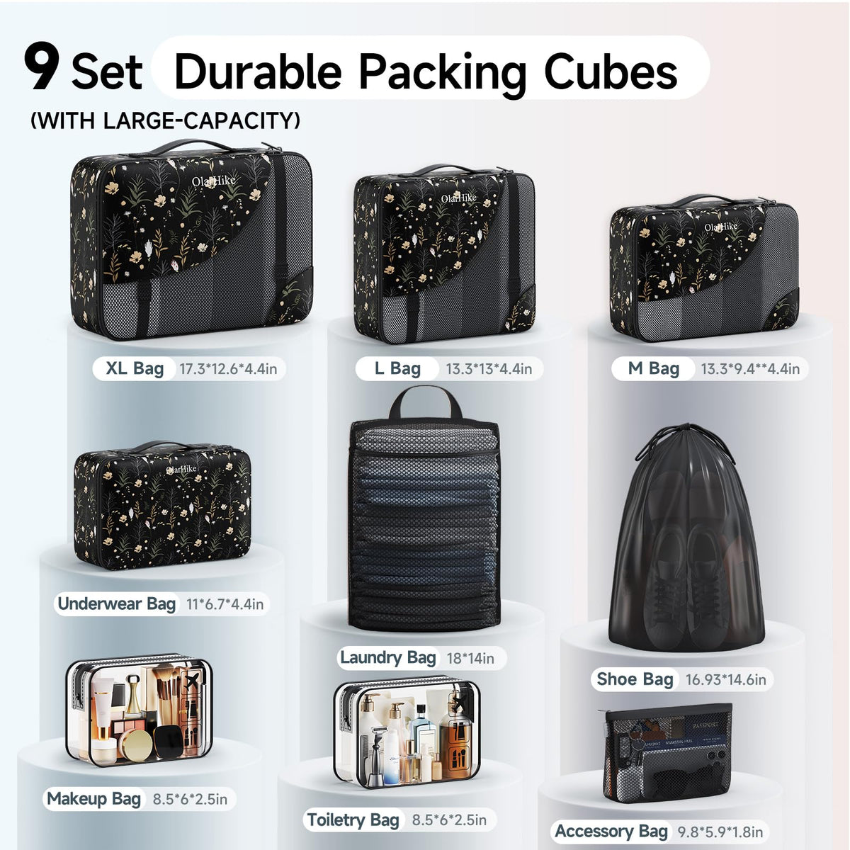 Packing Cubes for Travel (14 Black Flower)