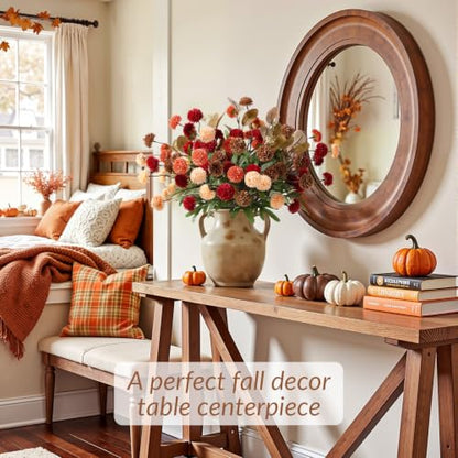 16 PCS Silk Mums Artificial Fall Flowers with Eucalyptus for Vase (Yellow Red Orange Brown)