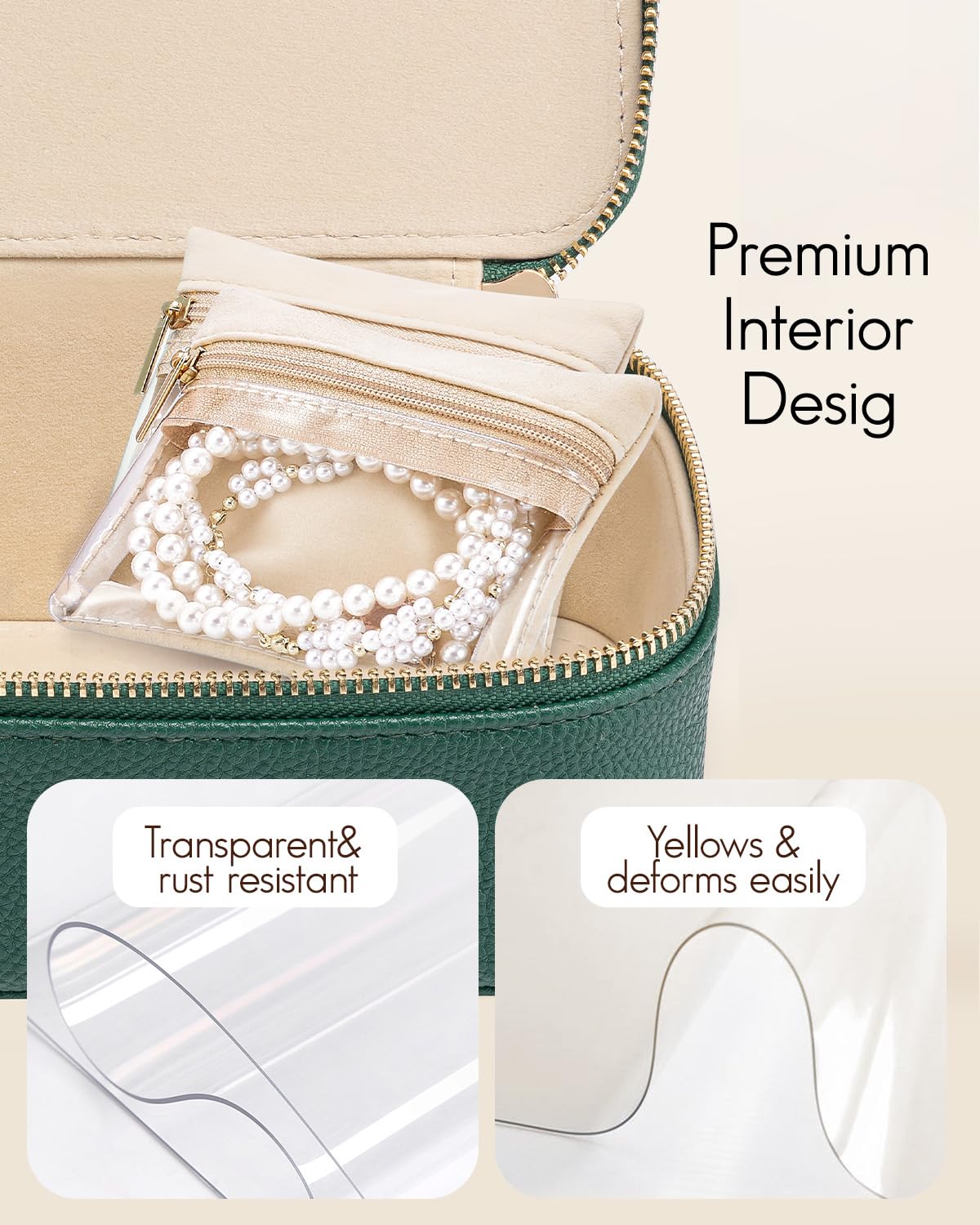 Travel Jewelry Box with 8 Clear Velvet Zipper Pouches (C.8 PCS Green)