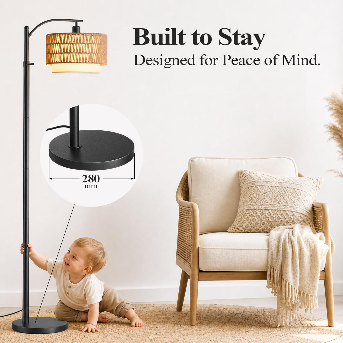 Boho Floor Lamp For Living Room With 3 Color Temperature and Remote (Beige Black)