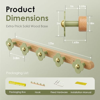Upgreded Heavy Duty Coat Rack Wall Mount for Entryway (Green / 5 Hooks)