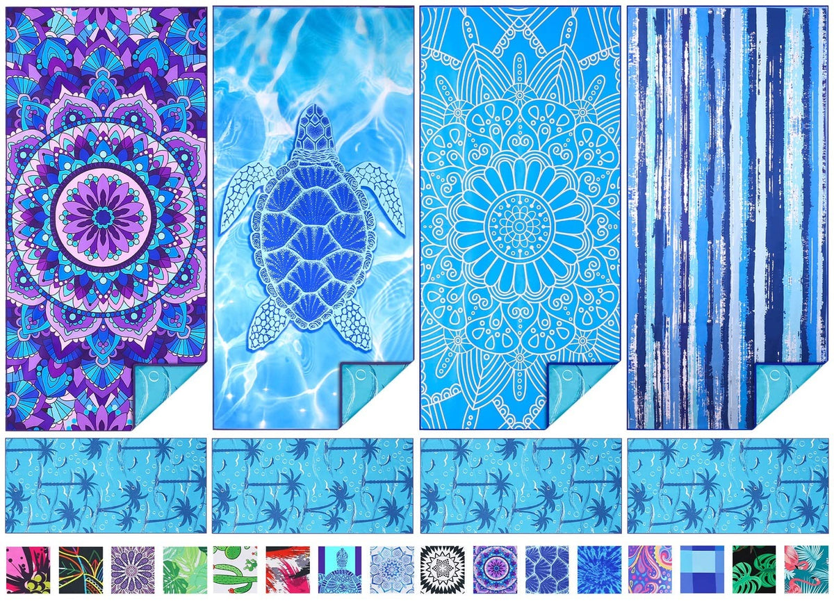 Microfiber Beach Towel Extra Large 71x32 inches 4 Pack Bulk (Mandala Turtle Strip / 71 x 32 Inches)