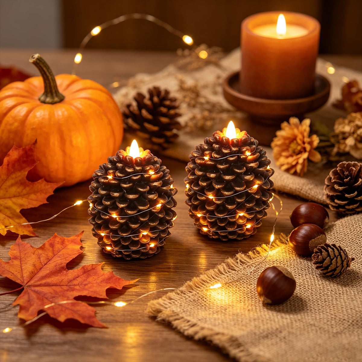Pine Cone Flameless Candles with 6H Timer String Lights (2-Gold)