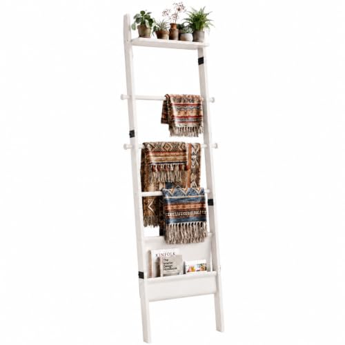 71" 4-in-1 Blanket Ladder for Living Room, 5-Tier Leaning Bamboo Decorative Towel & Quilt Rack with Magazine Leather Pocket