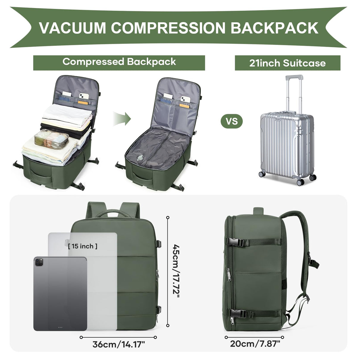 Vacuum Backpack Travel with Pump (A1-olive Green / 33 liters)