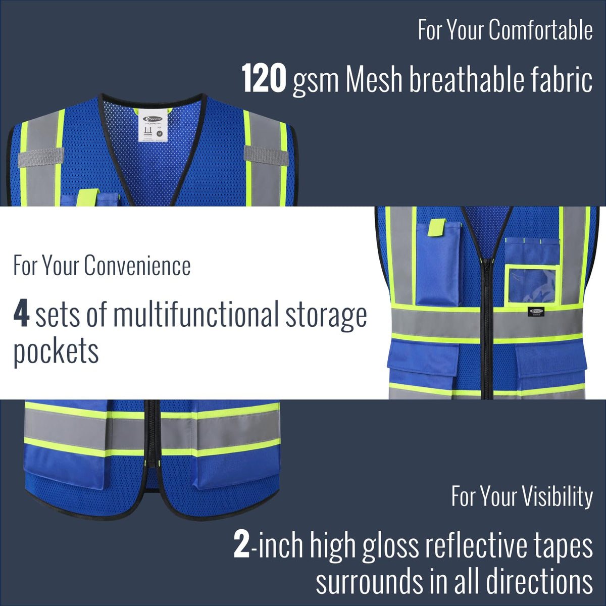 Safety Vest for Men Women Hi Vis Vest with Pockets and Zipper High Visibility Reflective Safety Vests Meet ANSI Standard Grey Color Extended Yellow Strips (Grey / Medium)