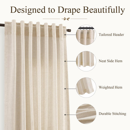 Cream Linen Curtains 105 Inches Long 2 Panels Drapes for Living Room (Linen / 50"W x 105"L (Pack of 2))