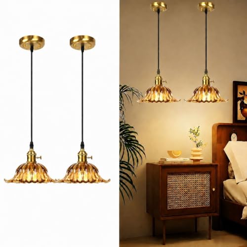 2 Pack Pendant Lights with Green Flower Glass Shade
