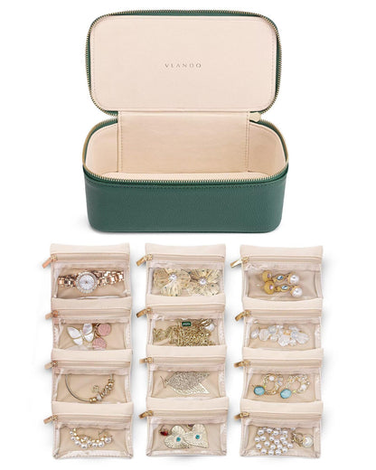 Jewelry Boxes for Women with 12 Clear Velvet Zipper Pouches (D.12 PCS Green)