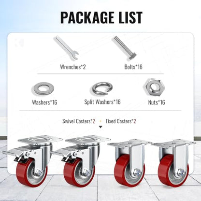 Heavy Duty Casters 2 Swivel with Brakes & 2 Rigid for Carts