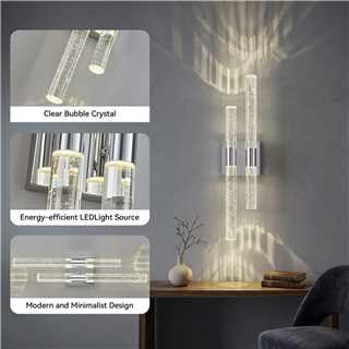 Modern LED Vanity Light Bubble Crystal Sconces Wall Lighting Chrome Wall Sconce Hardwired 21.25in 4000K Vertical and Horizontal Wall Mounted Sconces for Bedroom Living Room Hallway（1 (Chrome-1 Pack)