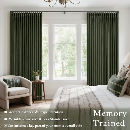 Olive Green Pleated Linen Blackout 96 Inch Curtains for Bedroom Living Room (Loden / 50"W x 96"L (Pack of 2))