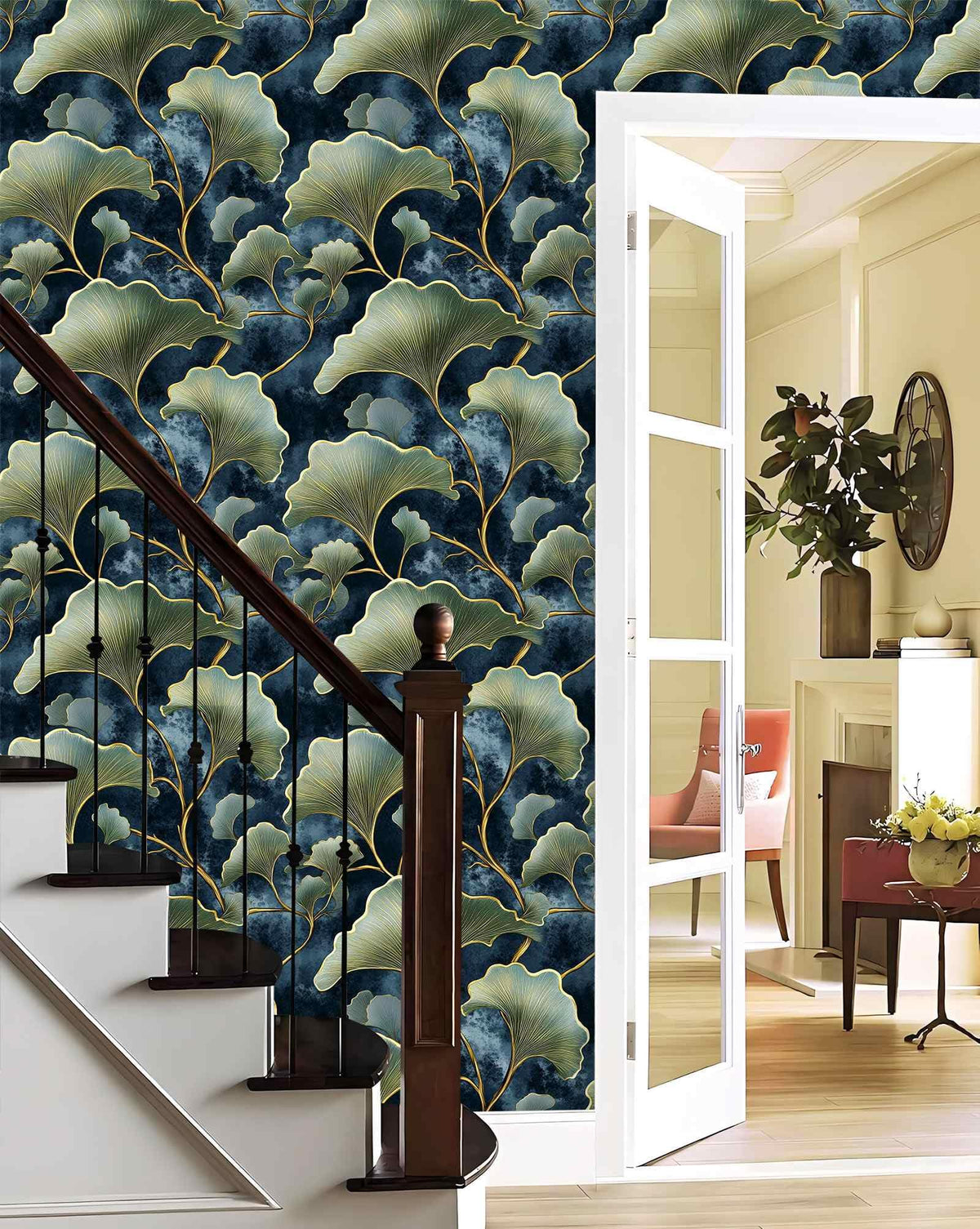 Dark Blue Ginkgo Leaf Peel and Stick Wallpaper (17.7" x 118")