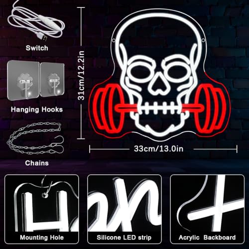 Skull Barbell Halloween Neon Sign for Wall Decor Halloween Neon Light Red Dumbbell LED Sign Fitness Neon Light Sign Gym Neon Light for Halloween Man Caves Bar Game Room Fitness Club Decoration (Dumbbell Skull)
