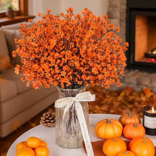 10Pcs Fake Fall Babys Breath Artificial Flowers Decorations for Home (Orange)