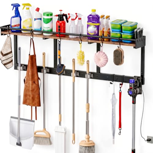 Heavy Duty Wall Mount Mop and Broom Organizer with Hooks