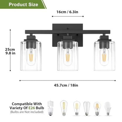 Matte Black Bathroom Light Fixtures (Black-Clear Shade / 3-Light)