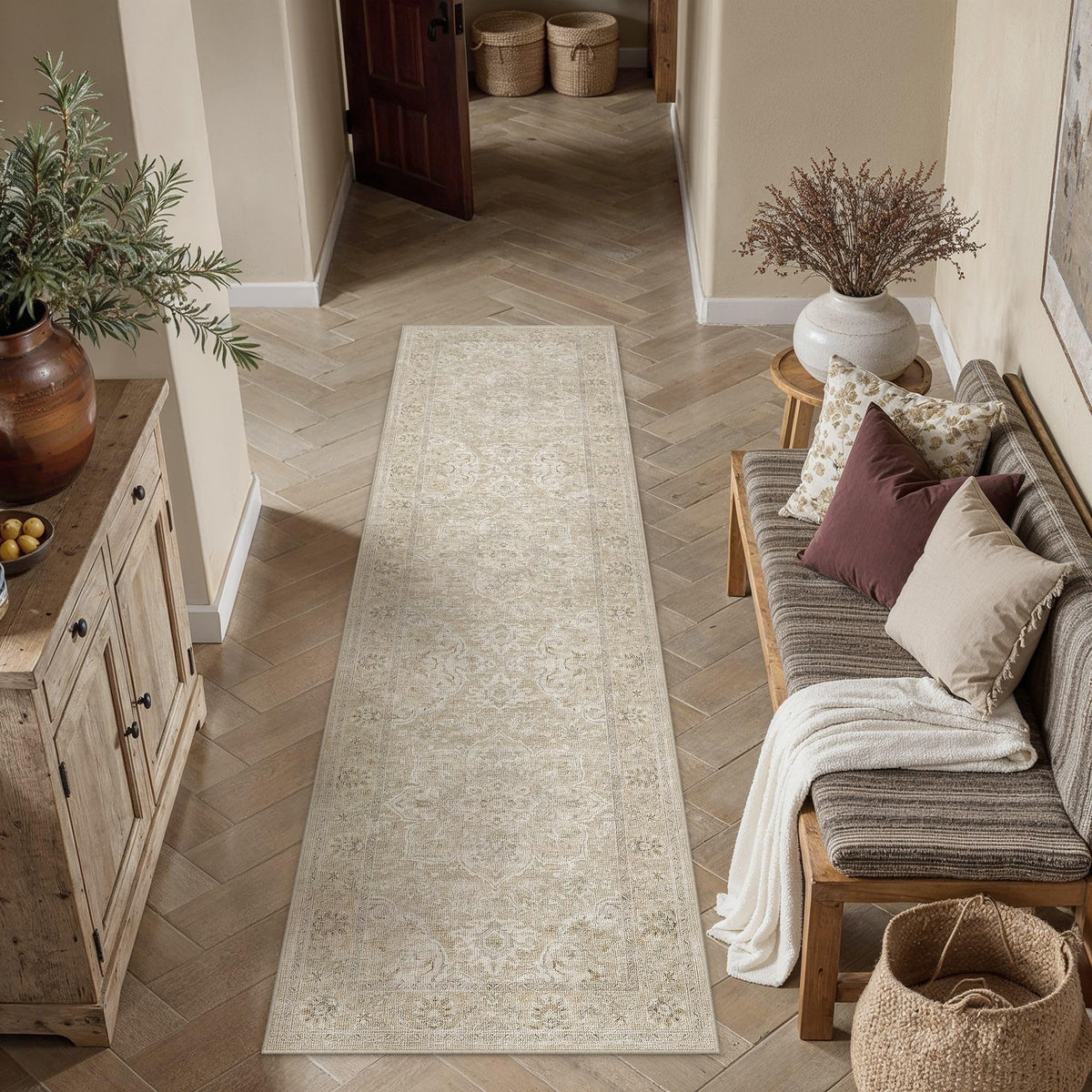 Beige Cream 2x8 Runner Rug Washable Vintage Indoor Carpet (E| Beige Cream / 2' x 8' (Runner))