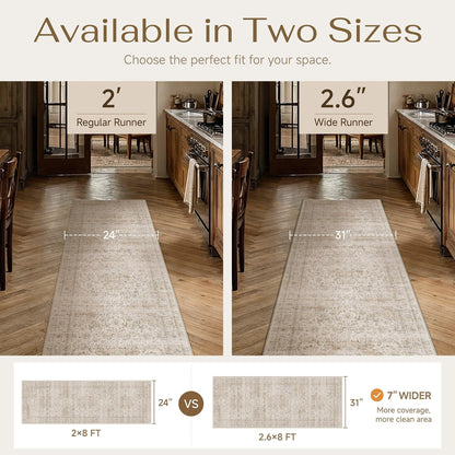 2.6'x10' Washable Runner Rug Beige Vintage Rug for Hallway (Light Beige / 2'7" x 10' (Runner))