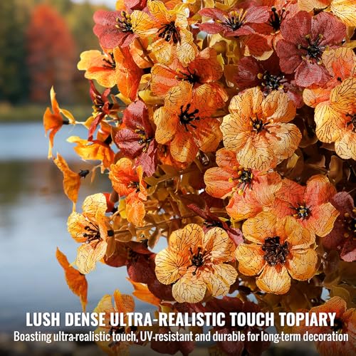 2Pcs Artificial Fall Topiary Ball Flowers for Outdoors (Orange Yellow Brown)