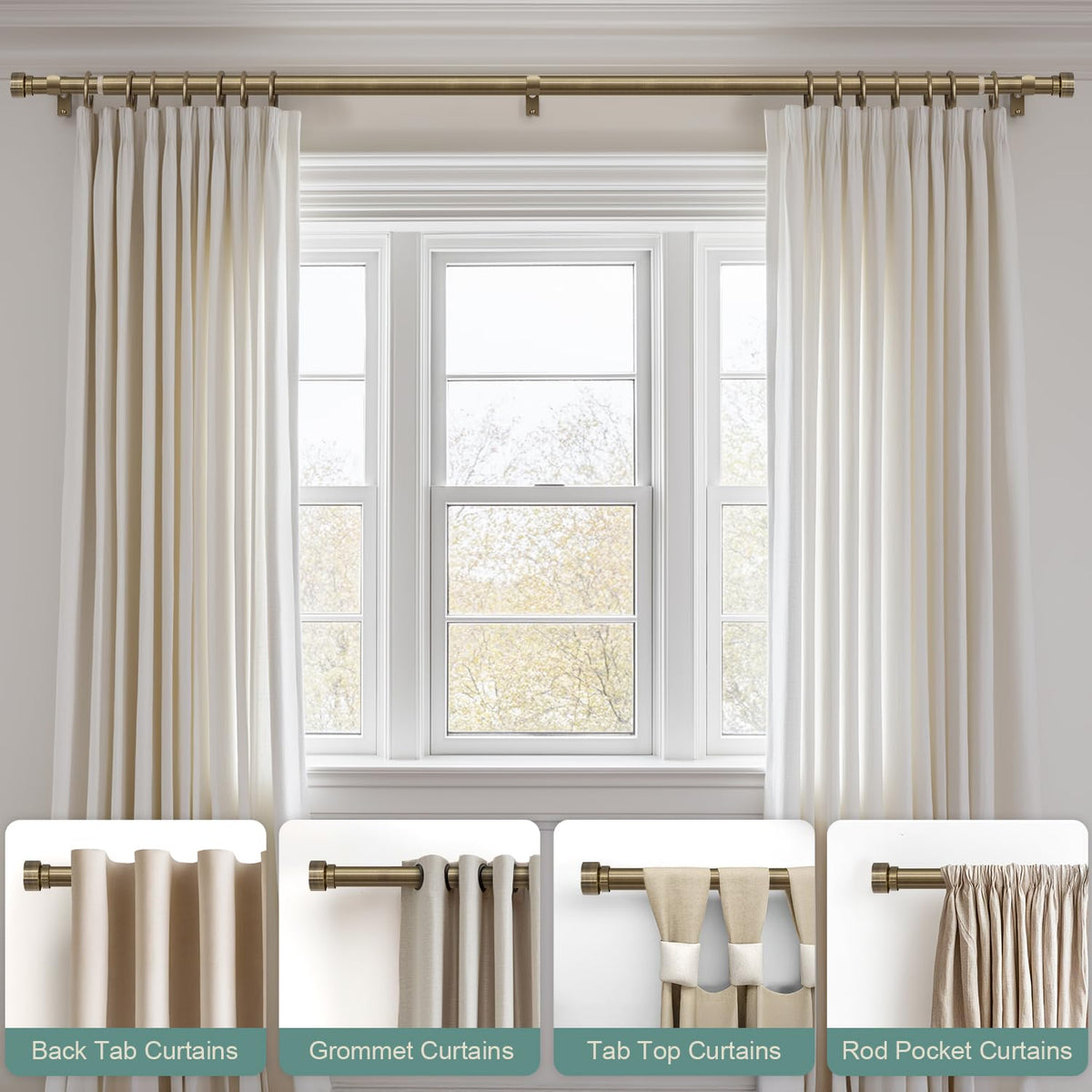 Antique Bronze Curtain Rods for Windows 72 to 144 with Adjustable Brackets Heavy Duty 1" Diameter Window Treatment Rod with Solid Metal Finials for Outdoor Bedroom Kitchen Living Room (Antique Bronze / 16"-144"|1 Pack)
