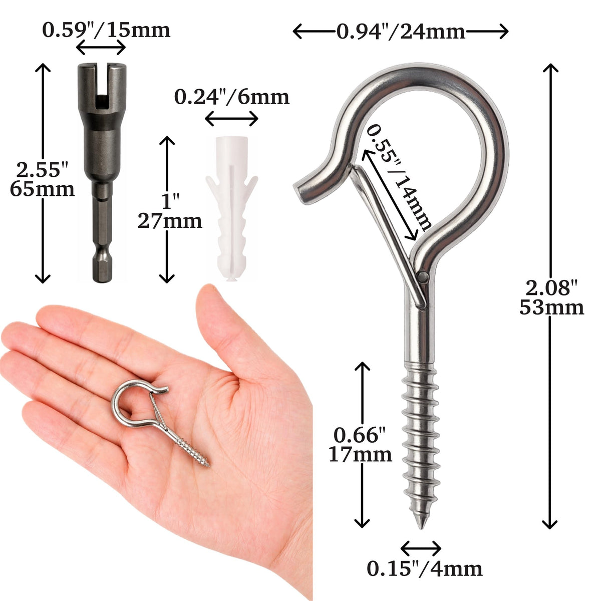 304 Stainless Steel 2 Inch Screw Eye Hooks with Driver Bit (Original / 12 PCS)