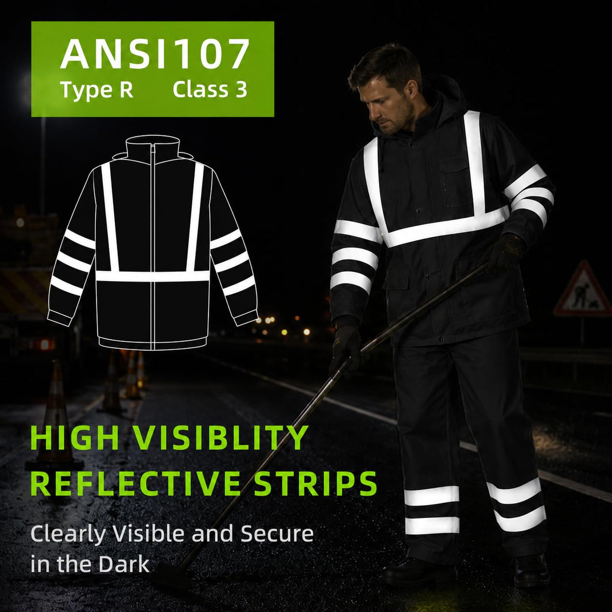 High Vis Safety Rain Jackets and Pants for Men Women (Black / X-Large)