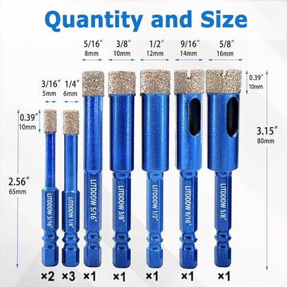 10 Pack Hex Shank Dry Diamond Drill Bits (10 Pcs 3/16"-5/8")