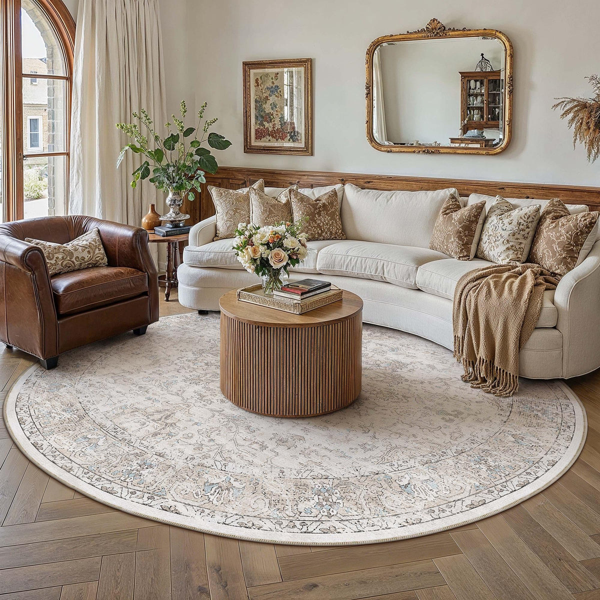 Beige Round Rugs 8x8 Washable Rug Indoor Carpet (Multi Beige / 8' (Round))