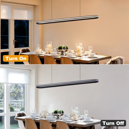 Modern LED Pendant Light Dimmable Linear Pendant Light 39.4in Semi Flush Mount Long Lights with Remote Control and Side Lighting for Living Room Kitchen Dining Room