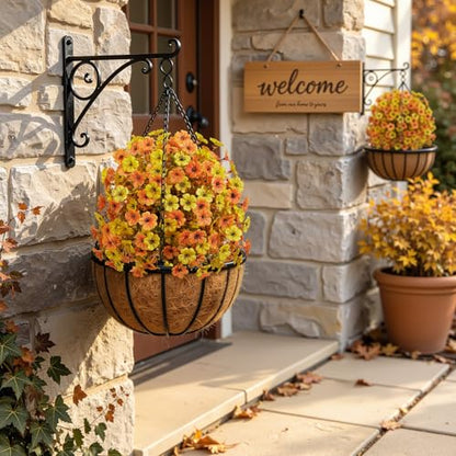 2Pcs Artificial Fall Topiary Ball Flowers for Outdoors (Orange Yellow)