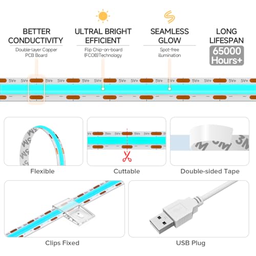 FCOB 5V USB Powered Ice Blue Color COB LED Strip Lights for TV (Ice Blue / 9.8FT)