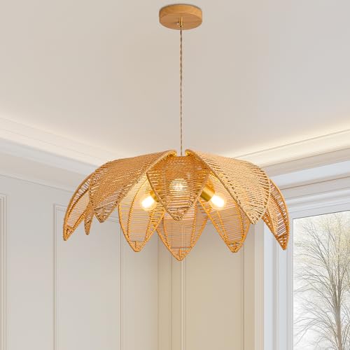Boho Rattan Chandeliers Light Fixture Hand Woven Wicker Pendant Light Coastal Hanging Pendant Light for Living Dining Room Kitchen Island