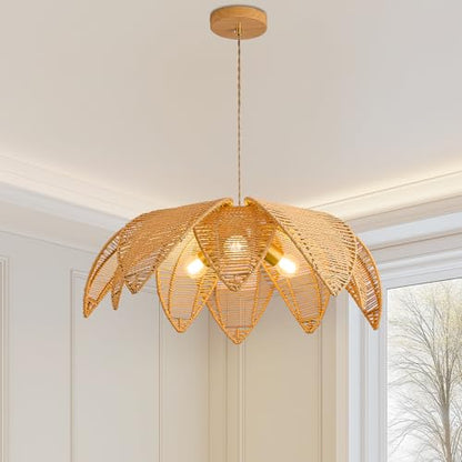 Boho Rattan Chandeliers Light Fixture Hand Woven Wicker Pendant Light Coastal Hanging Pendant Light for Living Dining Room Kitchen Island