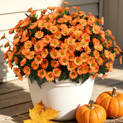 12 Bundles Fake Dasiy Artificial Mums Flowers for Outdoors Decoration (Orange)