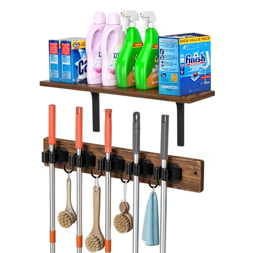 Broom Holder Wall Mount with Wooden Shelf