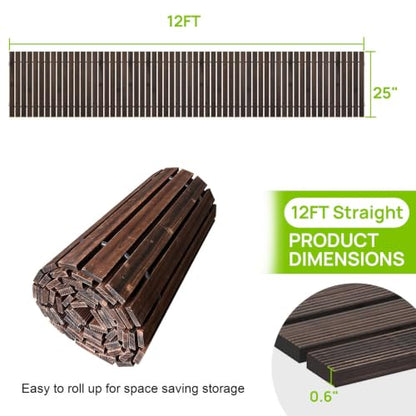 12FT Wooden Garden Parhway Walkway 25" W Oversize Outdoor Roll Out DecorativePatio Path Pavers Flooring Non (Carbonized / 12FT-Straight)