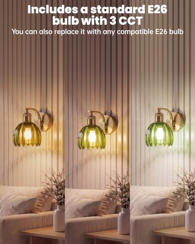 Vintage Brass Hardwired Wall Sconces with Green Tulip Glass Shade